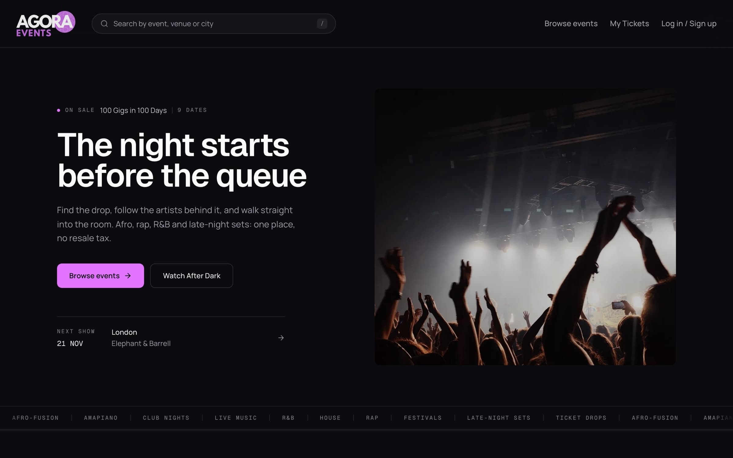 The Agora Events home page in a desktop browser
